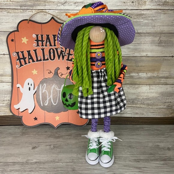 Hand Crafted Other - Halloween Gnome Girl Bucket Hat Bendable Arms Stripes Gingham Plaid Black Green